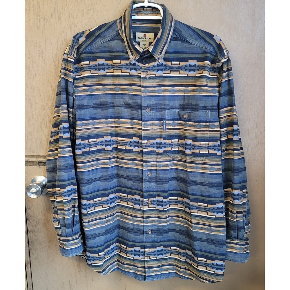 2010s Woolrich Southwestern Aztec Print Button Down Med Navy Stripe Soft Flannel